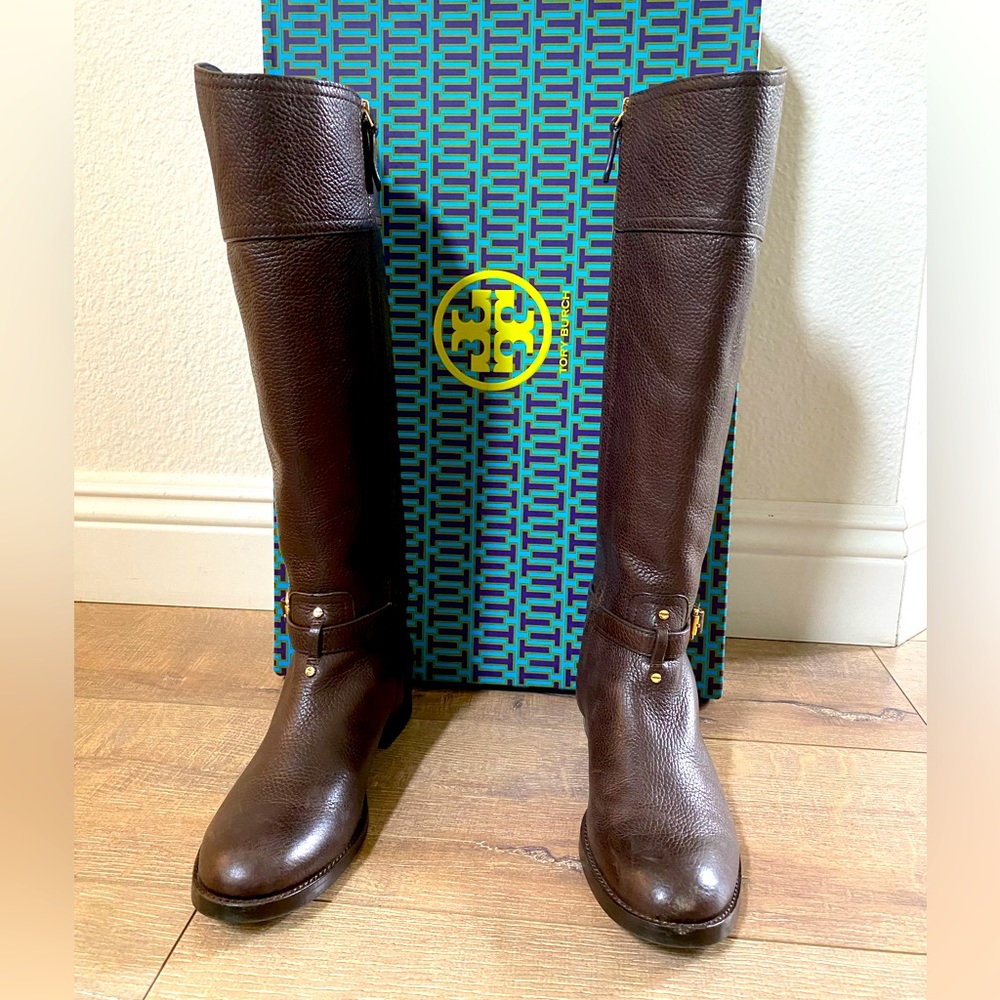 Tory Burch Marlene Leather Logo Knee High Riding Boots (7, Brown/Coconut) w/ Box